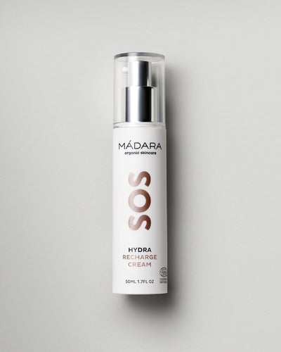 Mádara SOS Hydra Recharge Cream on a light gray background