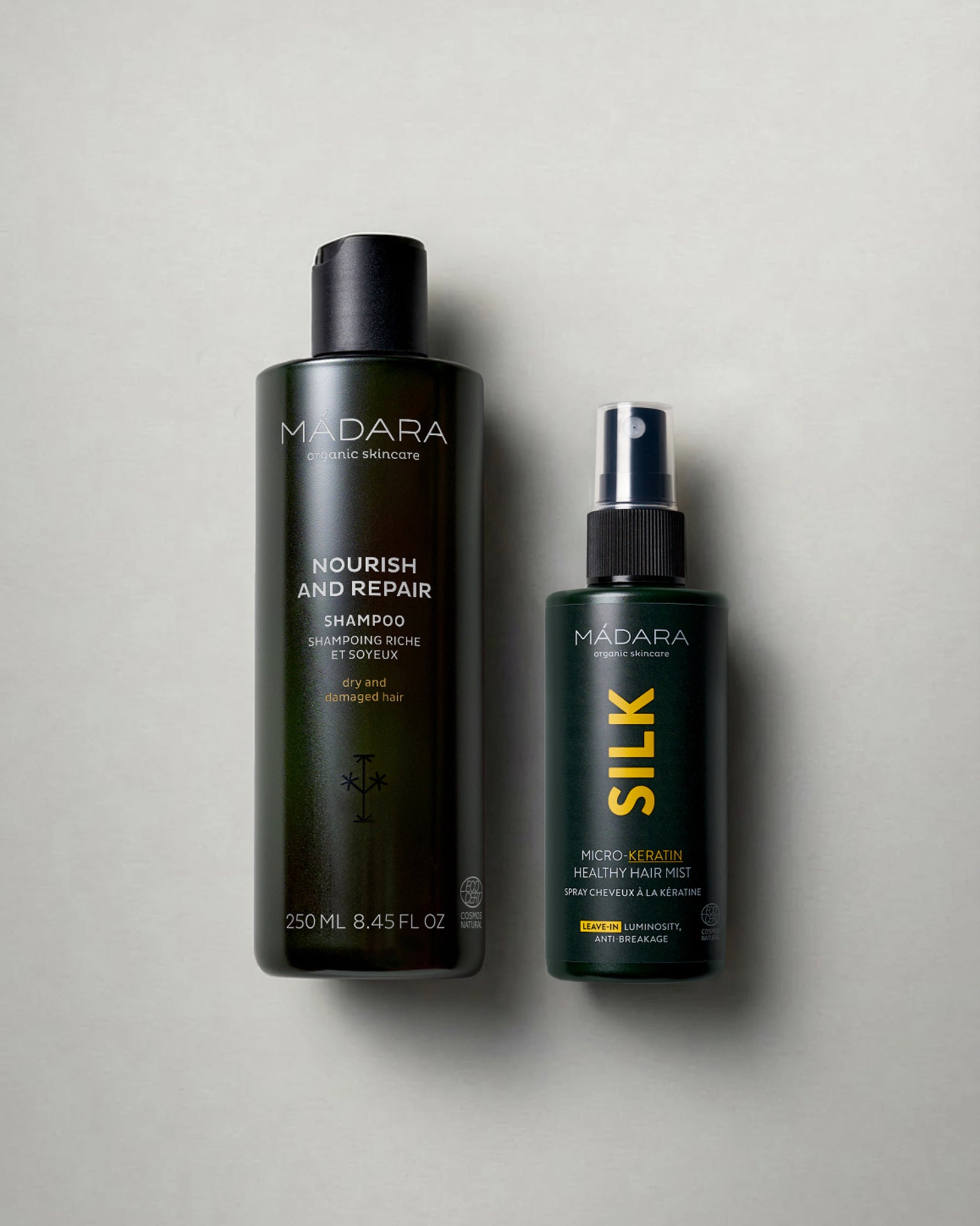 MADARA Cosmetics Nourish and Repair Shampoo and SILK Micro Keratin Healthy Hair Mist for dry, damaged hair repair and anti-breakage care