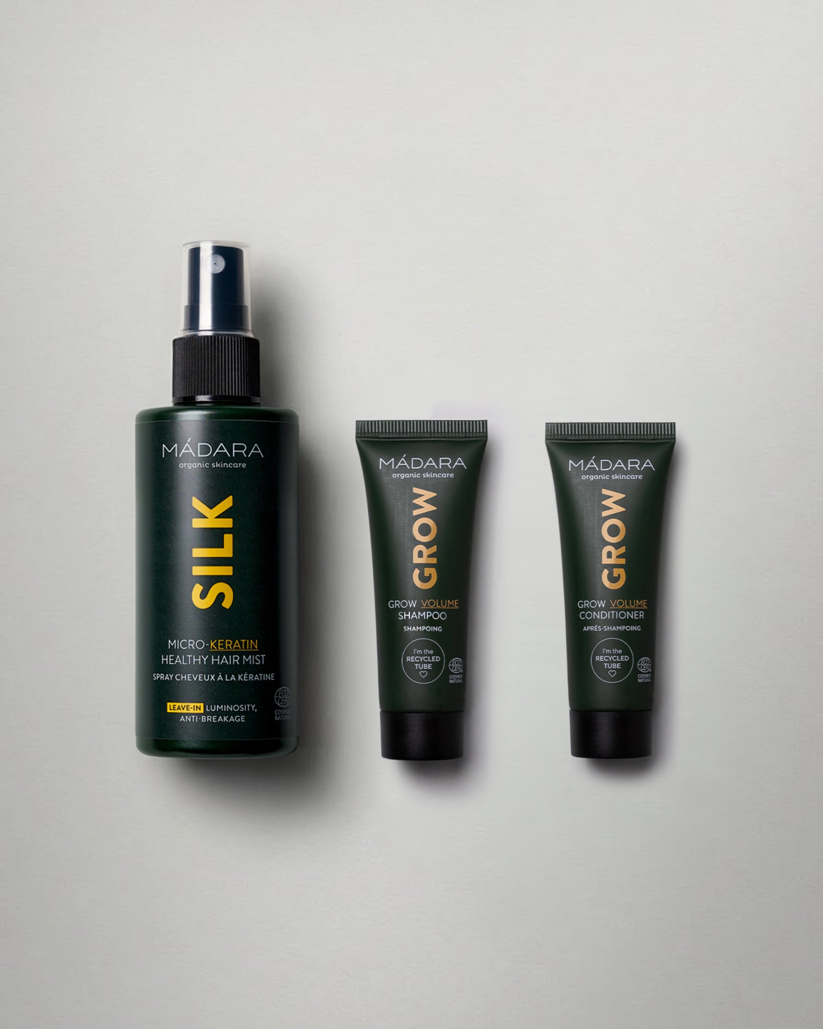 MADARA silk micro keratin spray and GROW shampoo conditioner travel set