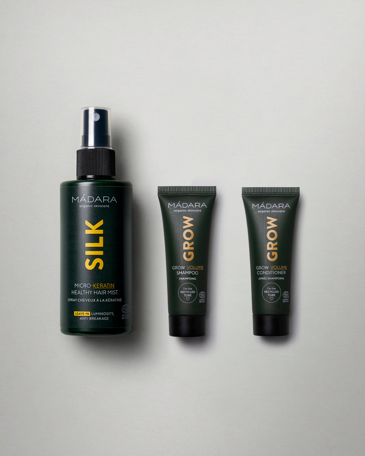 MADARA silk micro keratin spray and GROW shampoo conditioner travel set