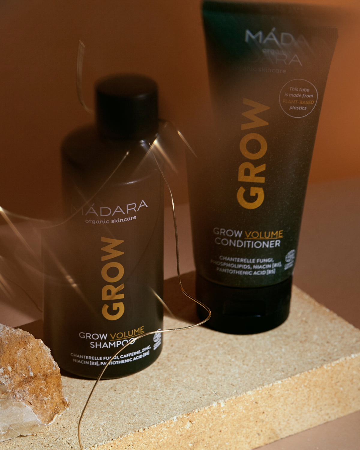MADARA Cosmetics GROW Volume Shampoo and GROW Volume Conditioner for thicker, fuller-looking hair and scalp vitality