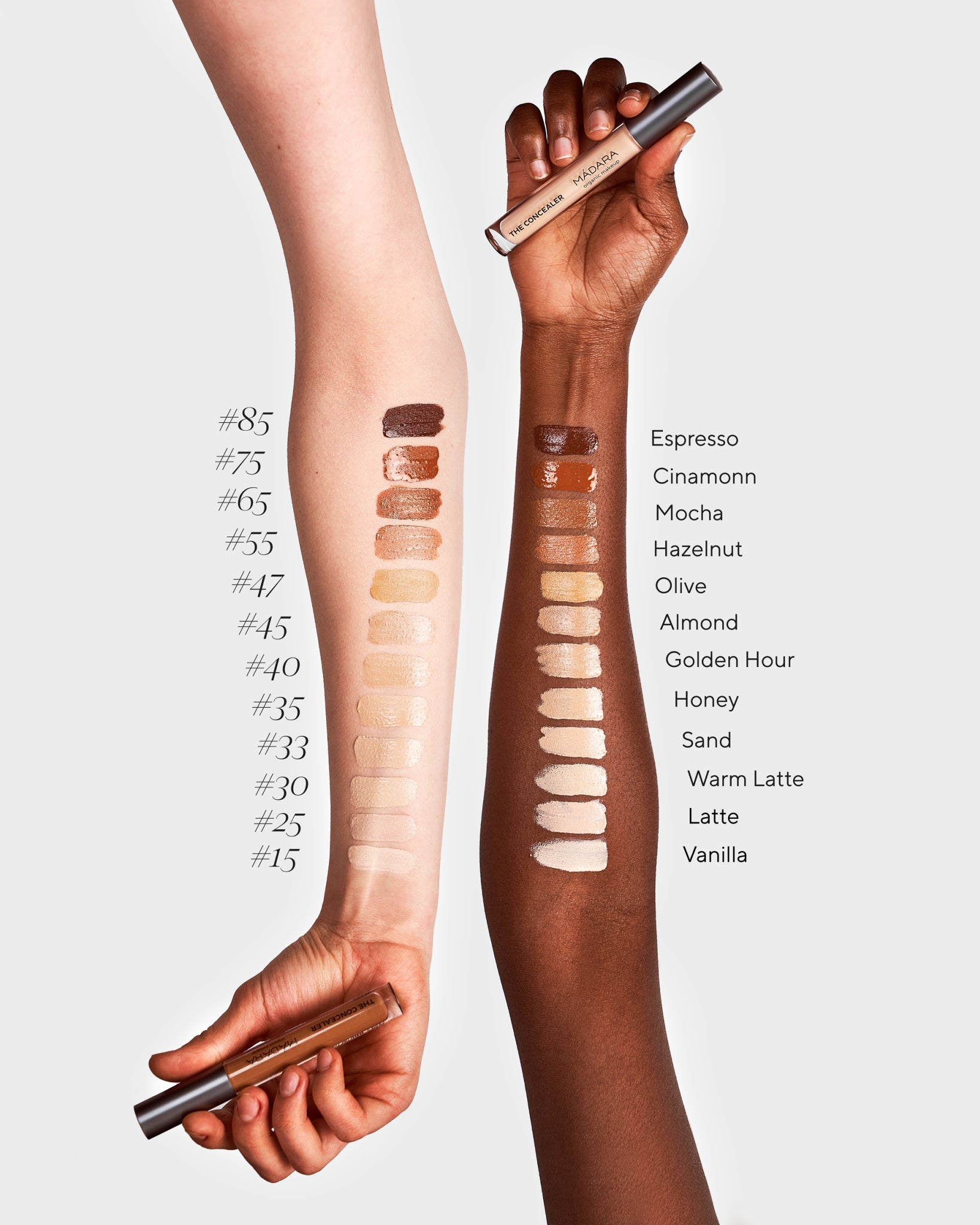 Texture close-up of MÁDARA Organic Skincare concealer swatches A6110 concealer �swatch demonstrates consistency and finish.