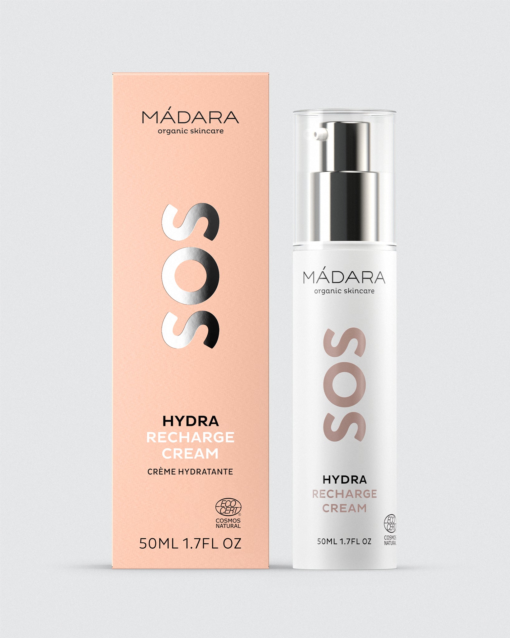 Mádara SOS Hydra Recharge Cream 50ml packaging on a light gray background