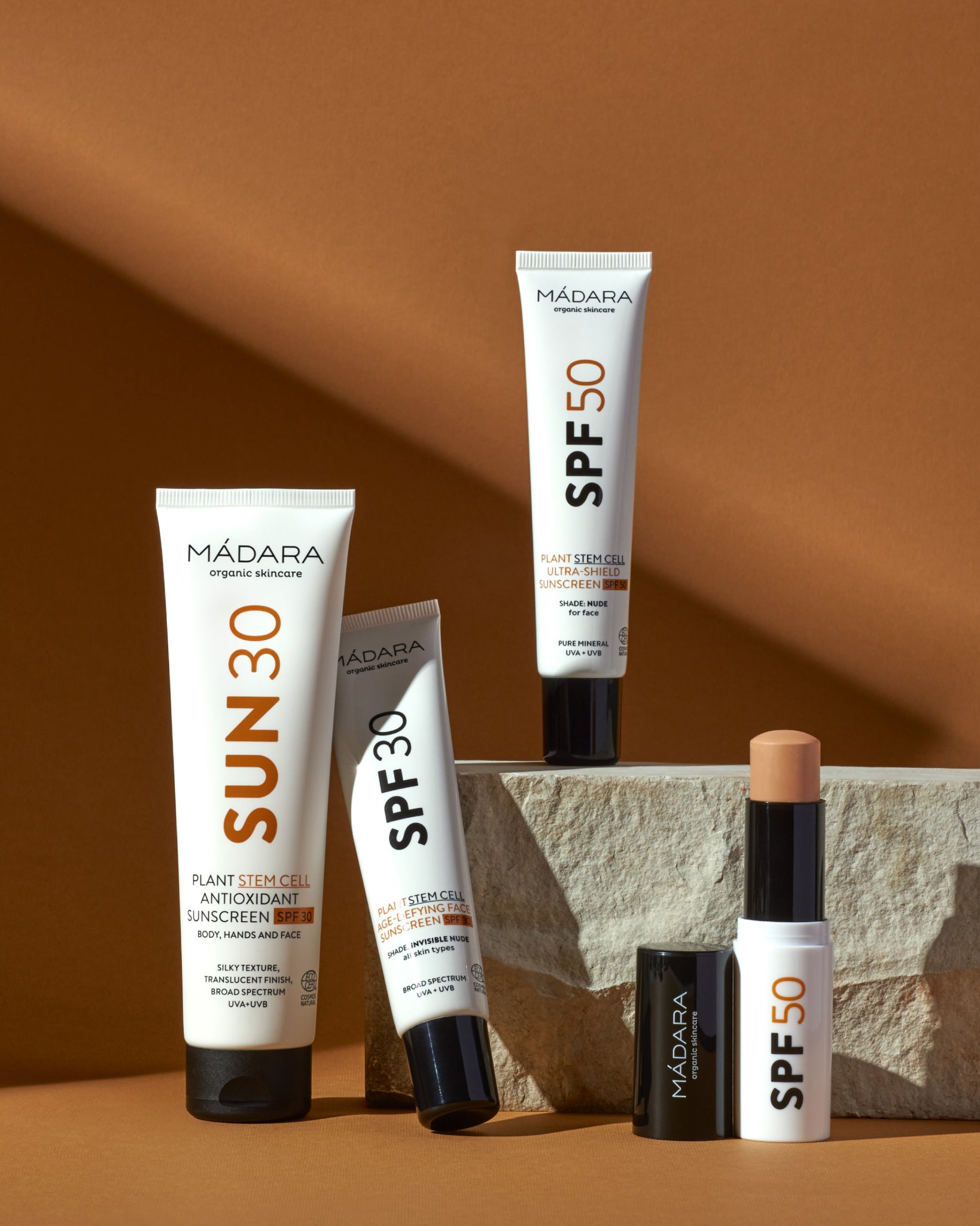 MÁDARA Organic Skincare spf collection A3416 mineral sunscreen product photo on plain background.