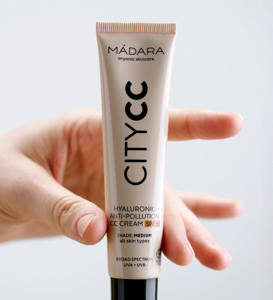 MÁDARA City CC cream tube held in front of a light background