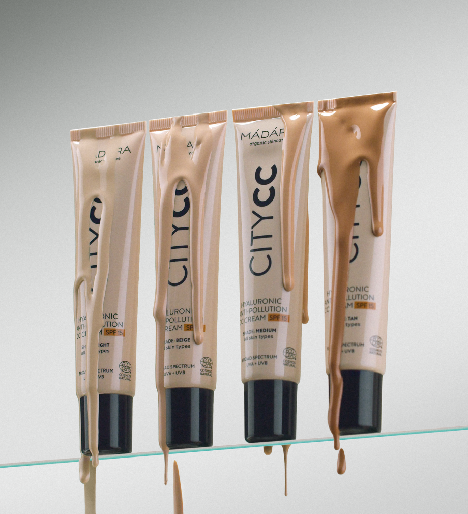 MÁDARA City CC cream tubes in different shades with product swatches