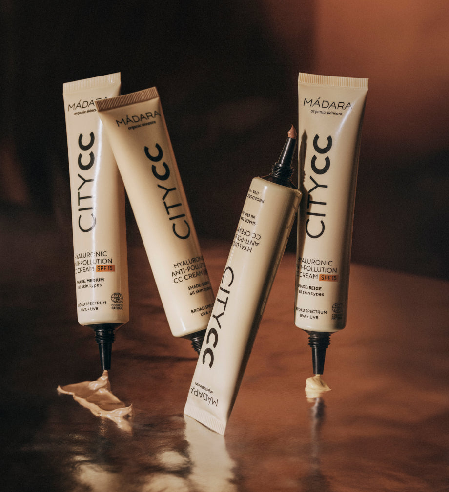 MÁDARA City CC creams in multiple shades displayed with visible product swatches
