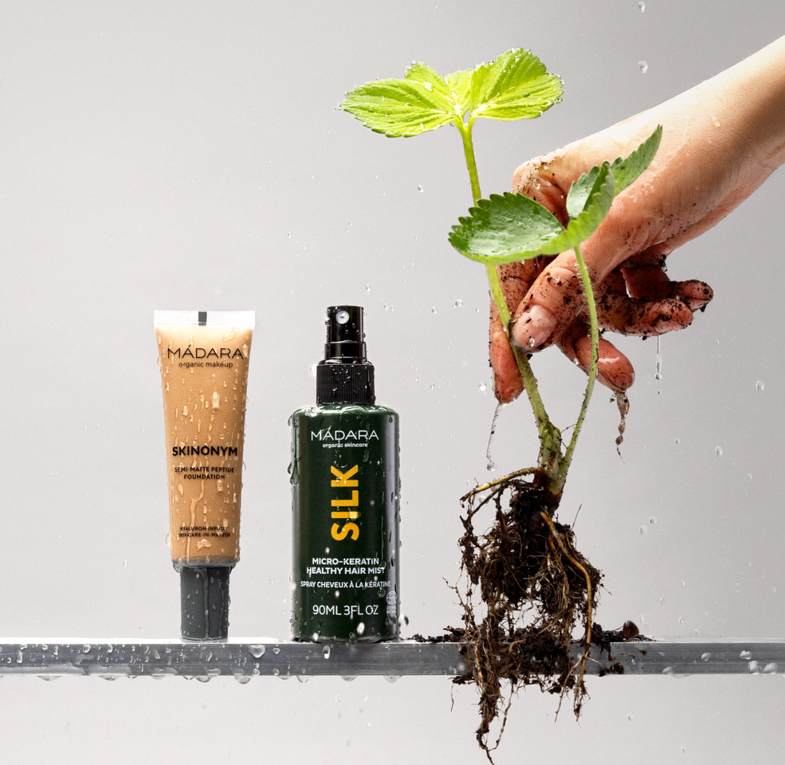 MÁDARA Skinonym foundation and Silk hair mist with fresh plant roots and water droplets highlighting natural beauty sale