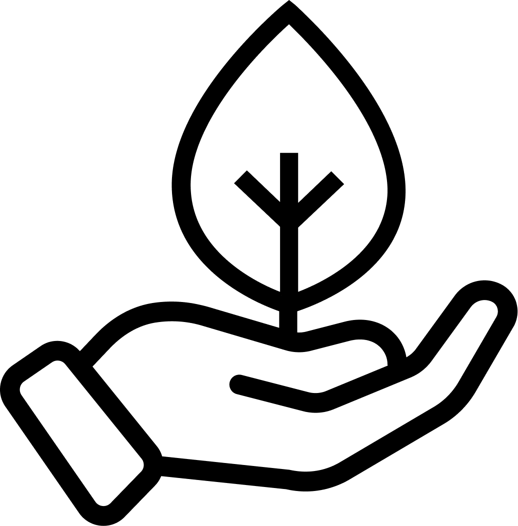 A black line-art icon depicting a hand holding a leaf sprout, symbolizing care, growth, or sustainability, isolated on a white background.
